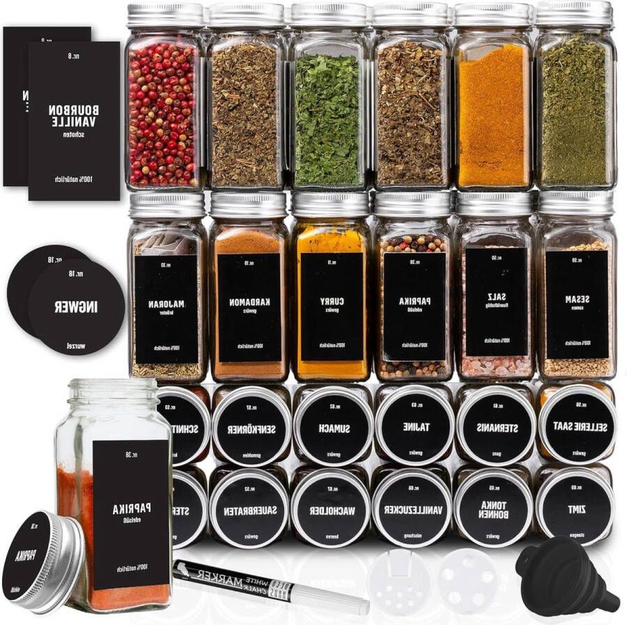 Set van 24 Kruidenpotjes Trechter & Schoonmaakborstel Helder Glas Opberger 120ml 105x43cm herb jars