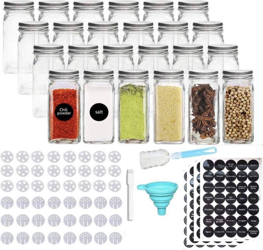 Set van 24 kruidenpotjes vierkante glazen potjes inhoud 120 ml 10 5 x 4 3 cm luchtdichte dop bord en transparant etiket shaker-inzetstukken en brede trechter