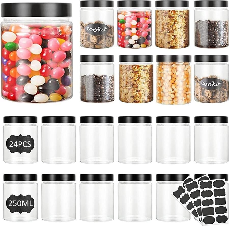 Set van 24 kunststof voorraaddozen met deksel transparant 250 ml BPA-vrij luchtdichte containers kunststof doos met deksel voor snoep keuken thuis levensmiddelen specerijen cosmetica slijm