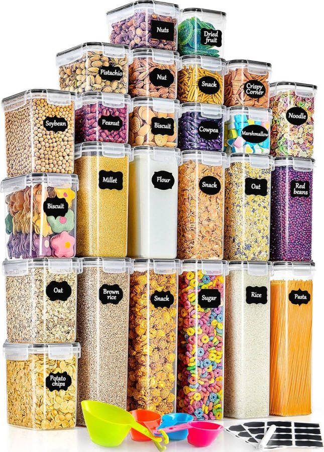 Set van 25 opbergdozen keukenorganizer luchtdicht plastic met deksel voorraaddoos voor muesli meel koffiebonen cornflakes spaghetti opslag 2 8 l 2 l 1 4 l 0 8 l