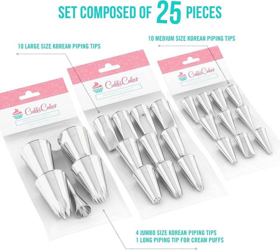 Set van 25 professionele spuitmonden voor spuitzakken (maat M L en XL) voor decoratie en ie van cupcakes taarten churros kroketten koekjes gemaakt in Korea