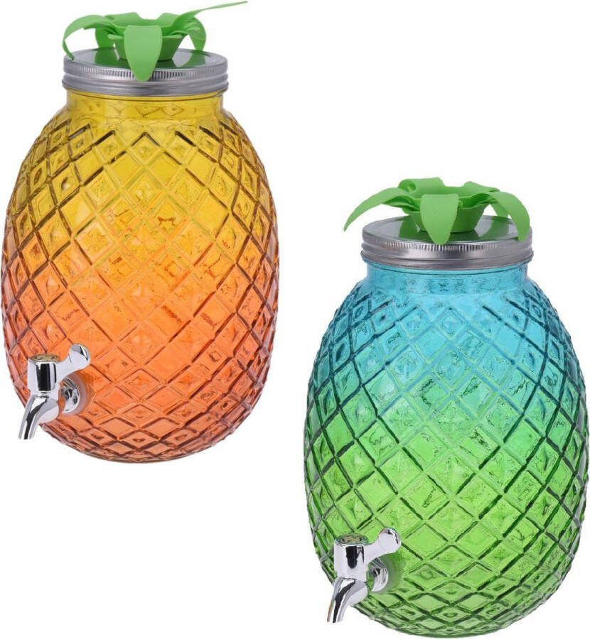 Merkloos Sans marque Set van 2x stuks glazen drank dispensers ananas geel oranje en blauw groen 4 7 liter Dranken serveren Drankdispensers