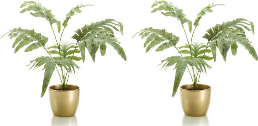 Merkloos Sans marque Set van 2x stuks groene Phlebodium kunstplant 67 cm in gouden pot Kunstplanten Nepplanten Blauwvaren Zinkvaren in pot