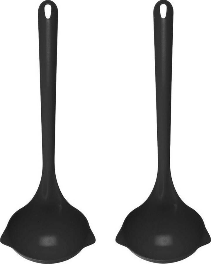 Merkloos Sans marque Set van 2x stuks kunststof lepels opscheplepels zwart 30 cm keukengerei Zwarte soeplepels juslepels van plastic