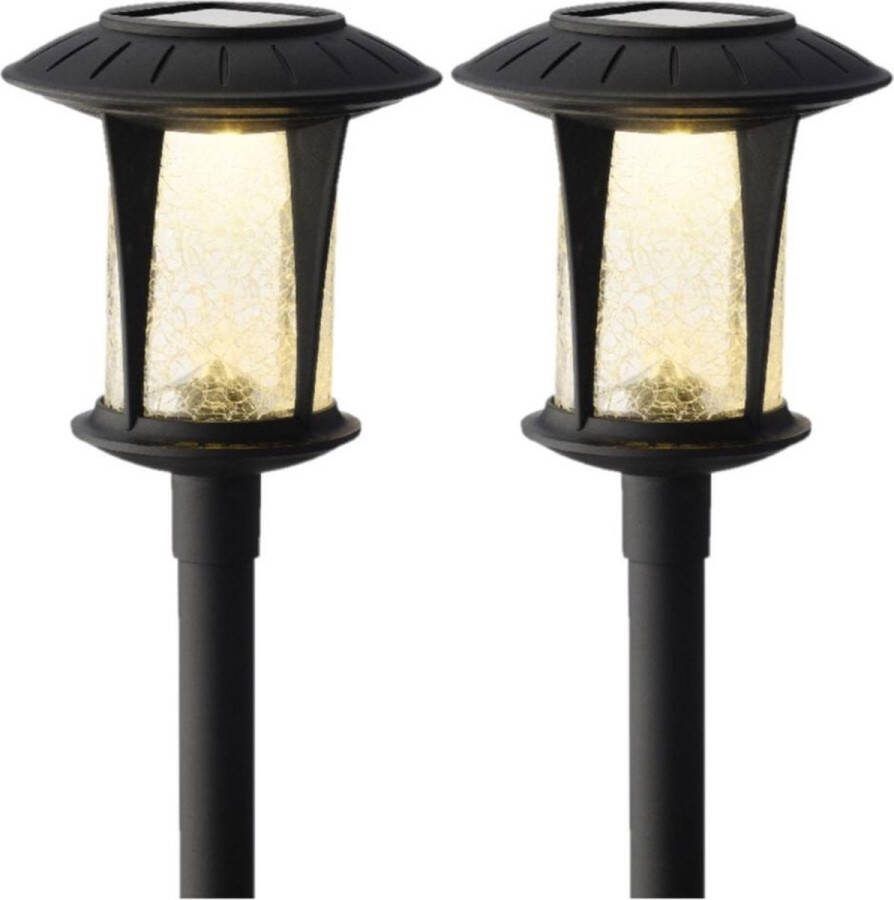 Set van 2x stuks solar tuinlampen prikspots zwart op zonne-energie 32 cm Prikspots tuinverlichting