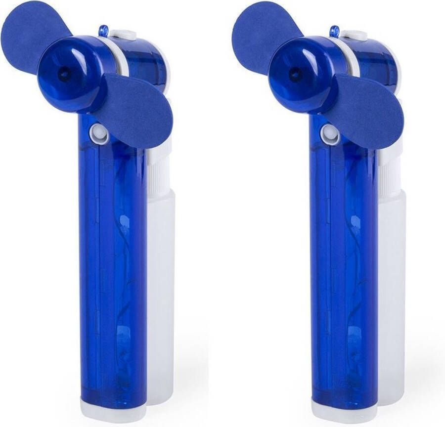 Set van 2x stuks zak ventilator waaier blauw met water verstuiver Mini hand ventilators van 16 cm