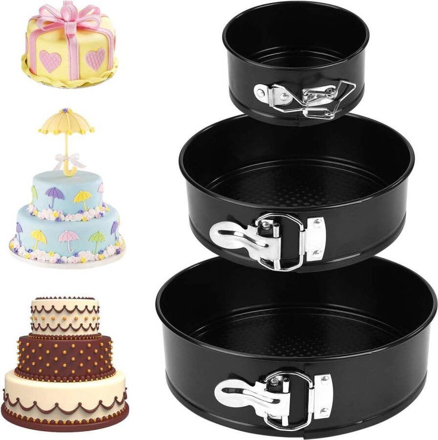Set van 3 anti-aanbaklaag ronde springvormen Taartvormen van koolstofstaal (18 cm 22 cm 26 cm) met zwarte coating Springvorm