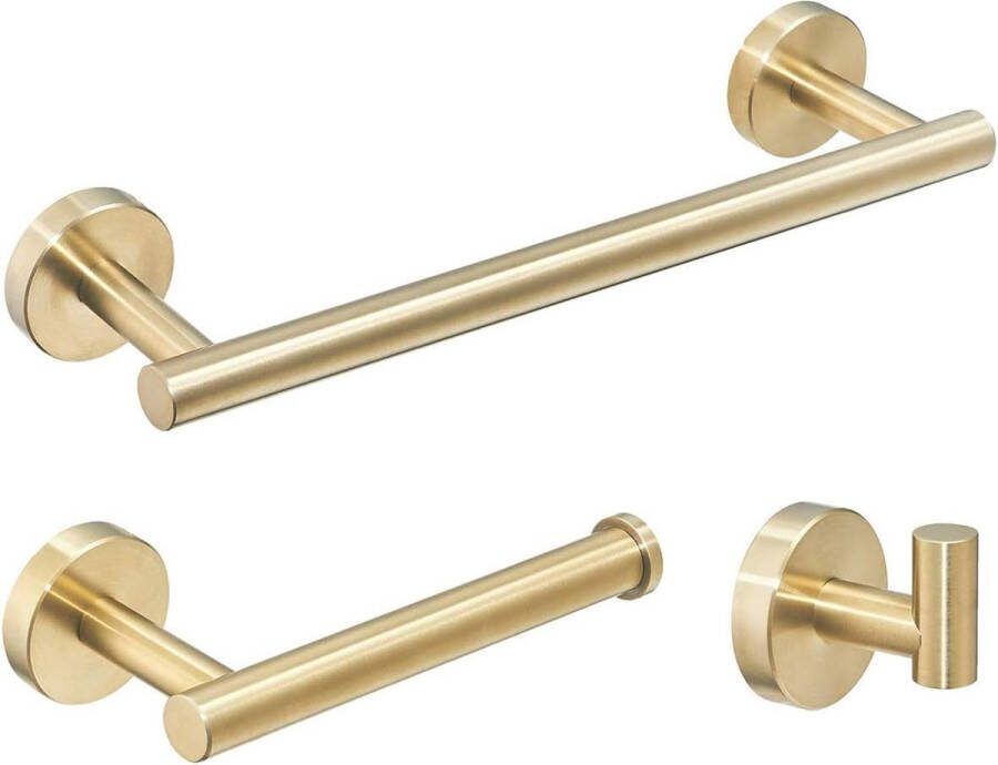 Set van 3 badkameraccessoires handdoekhouder van 30 cm toiletrolhouder badjashaak geborsteld goud