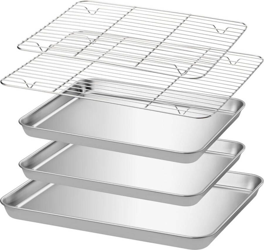 Set van 3 bakplaten met afkoelrooster bakplaat 40 x 30 cm 2x bakplaat 31 x 24 cm Braadslede oven Roestvrijstaal Zilverkleurig sheet pan extender