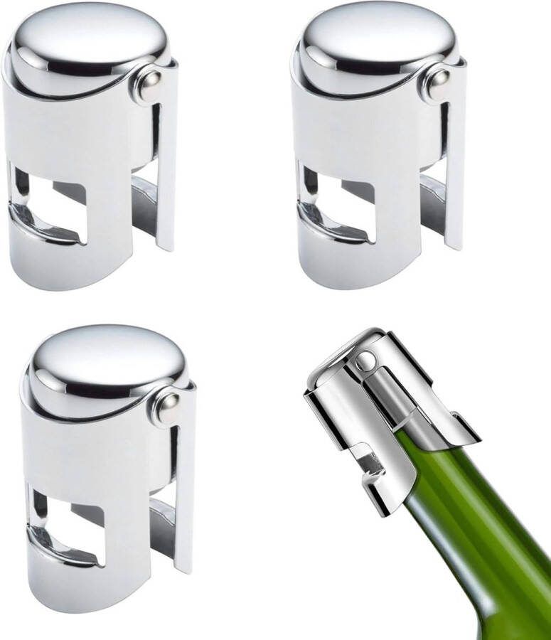 Set van 3 champagnekurken roestvrijstalen champagneflessenstop anti-lekkage champagnestop herbruikbare champagneflessenstop voor wijncollectie bierbesparende sealer (zilver)