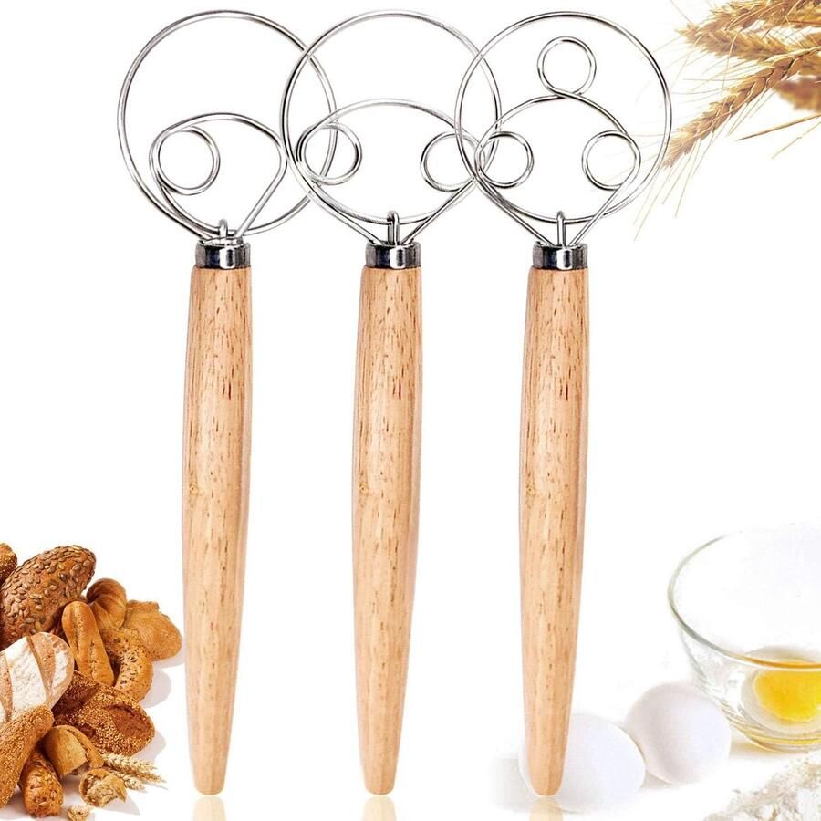 Set van 3 Deense deeggardes Premium garde mixen voor bakken in de keuken Houten handvat Roestvrij staal Handmatig deeg mengen Broodcake maken (3 maten inbegrepen)