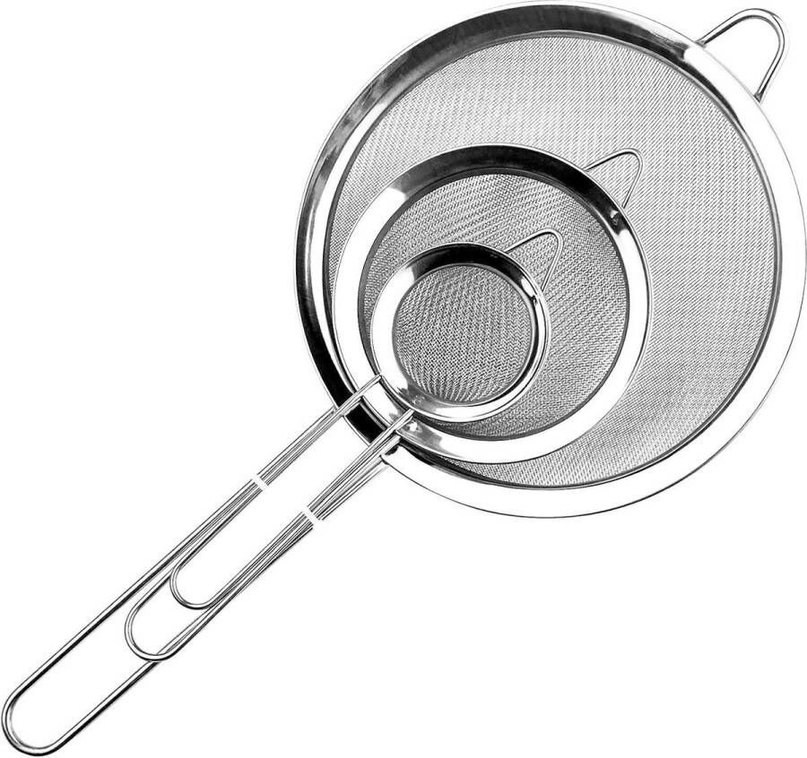 Set van 3 fijnmazige keukenzeven van roestvrij staal 19 25 36 cm met handvat meelzeef voor levensmiddelen en groenten saucentrenner pastazeef zilver Vergiet