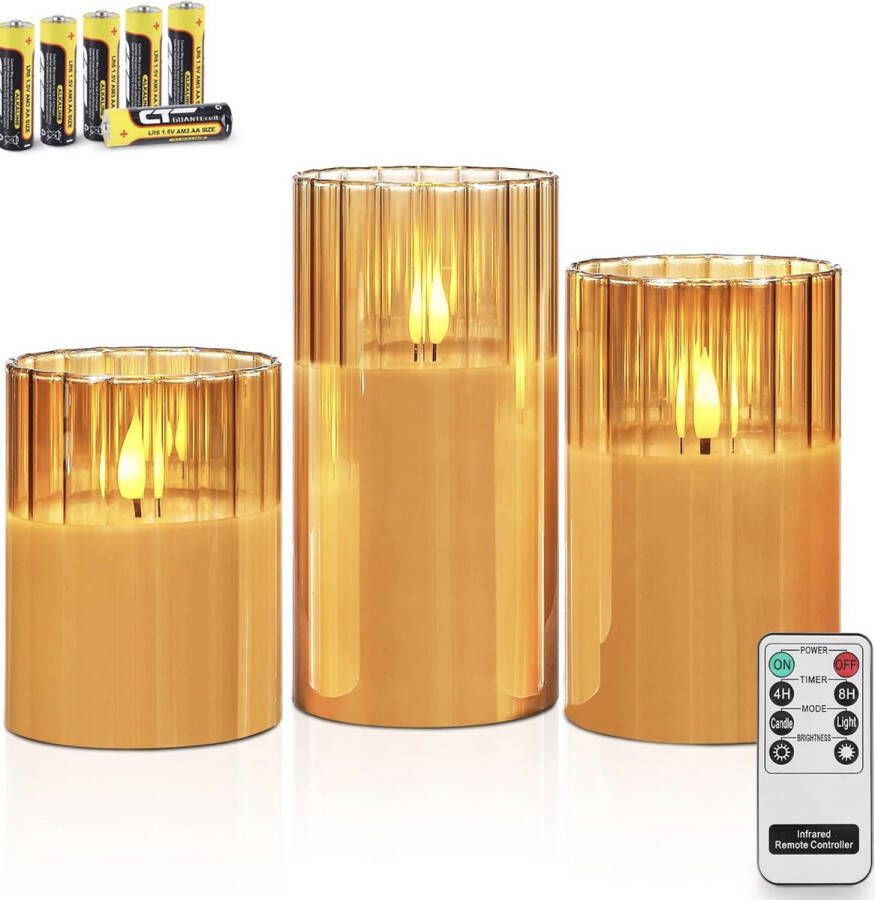 Set van 3 gouden luxe verticale strepen glazen batterij aangedreven LED kaarsen met afstandsbediening kerst vlamloze kaars cadeauset warm wit licht inclusief 6 batterijen