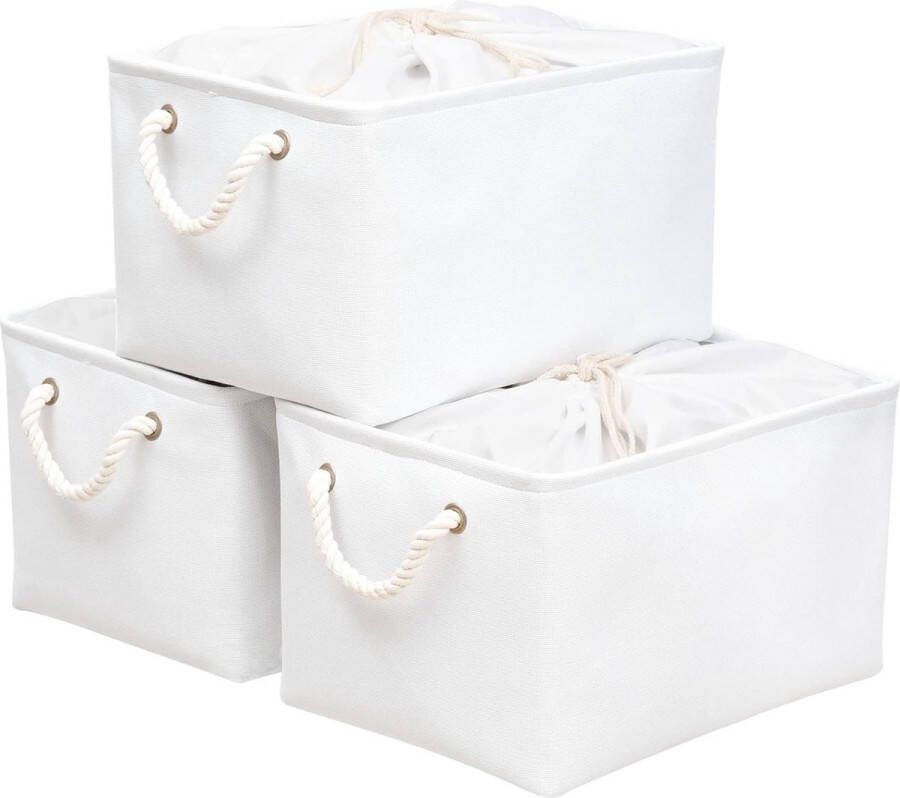 Set van 3 grote opbergmanden 42 x 32 x 26 cm stoffen opbergdozen met trekkoord en handgrepen opvouwbare opbergcontainers opbergmanden wit