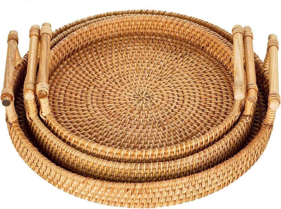 Set van 3 handgeweven rieten dienbladen met handgrepen rustiek decoratief dienblad voor ontbijt dranken snacks brood salontafel-bar dinerfeesten