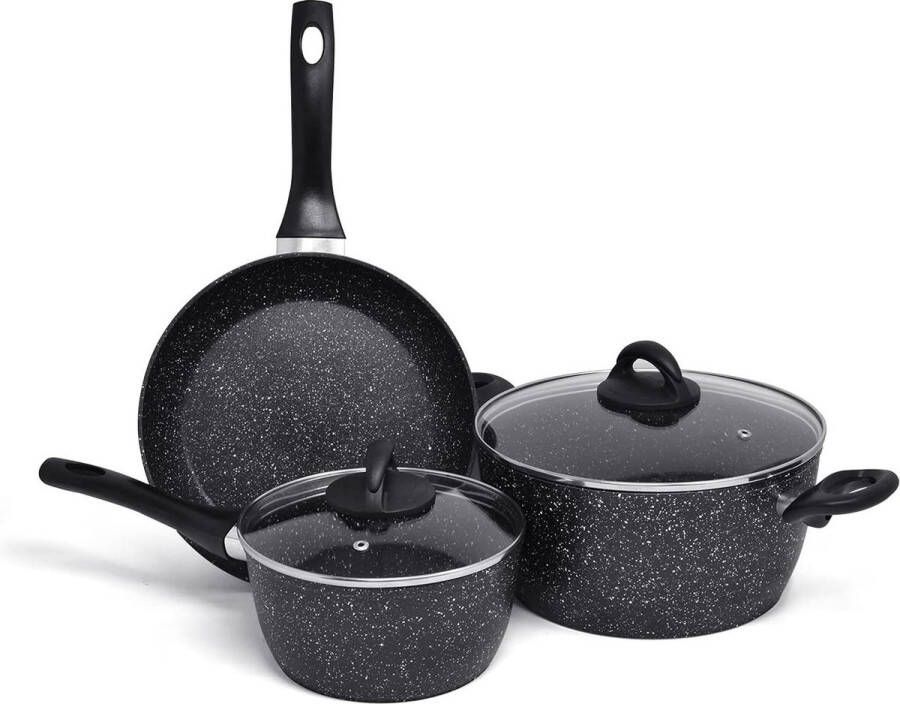 Set van 3 inductiekoekenpannen met Cool Touch-handvat Aluminium antiaanbakpannenset glazen deksels Multifunctioneel