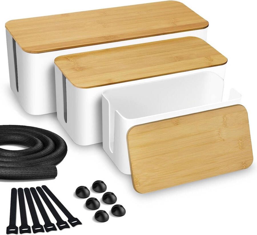 Set van 3 Kabelboxen Wit ABS Kunststof met Bamboe Deksel Kabelbox Bureau Inclusief Accessoires voor het Verbergen van Kabels Kabelmanagement Organizer Box Large & Medium & Small