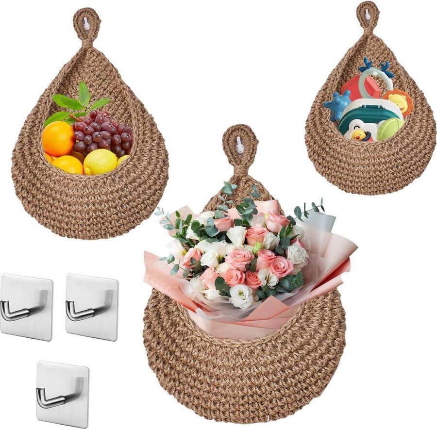 Set van 3 keukenfruithangmanden handgeweven katoenen muurmand botanische hangmand met 3 haken Boheemse fruit- en groentemuurmand