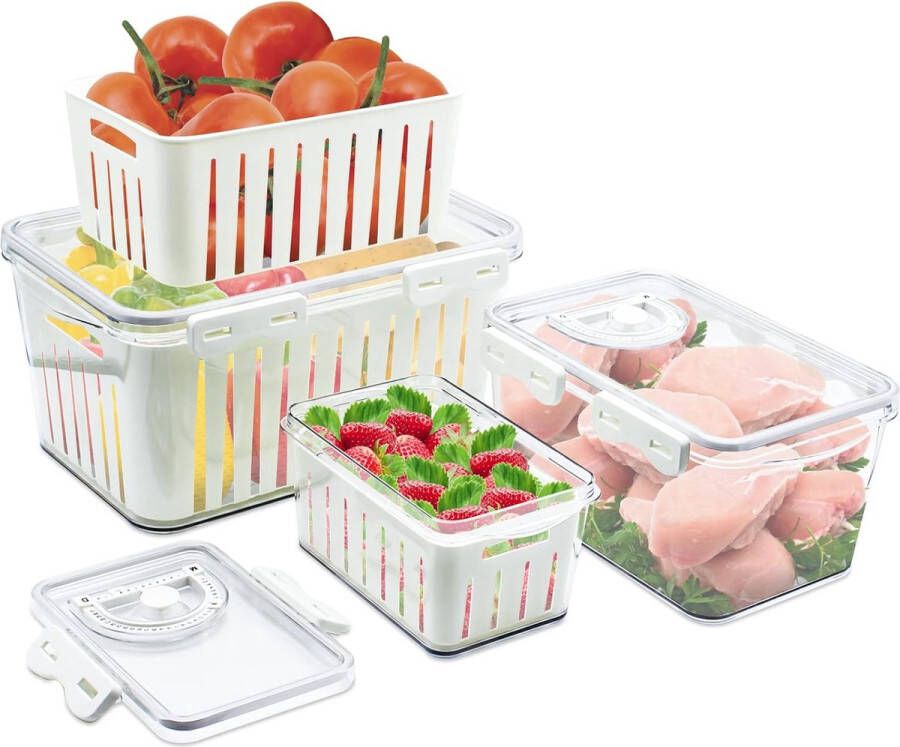 Set van 3 koelkastgroenten- en fruitbewaarpotten met deksel en zeef voedselopslagcontainers voor koelkast met tijdschaalinstelling gebruikt voor de opslag van fruitgroenten