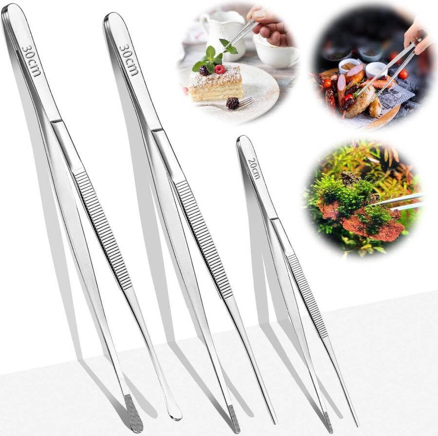 Set van 3 kookpincetten roestvrij staal 30 cm keukenpincet 20 cm kookpincet keukengrillpincet gourmetpincet lange vleestang voor koken repareren zeevruchten aquarium BBQ