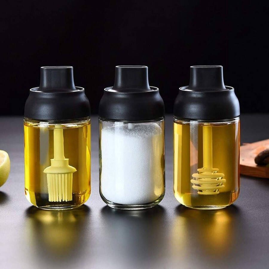 Set van 3 kruidenpotjes 250 ml kruidenpotjes met deksel en lepel voor vochtbescherming voor zout suiker olie honing dispenser (zwart)