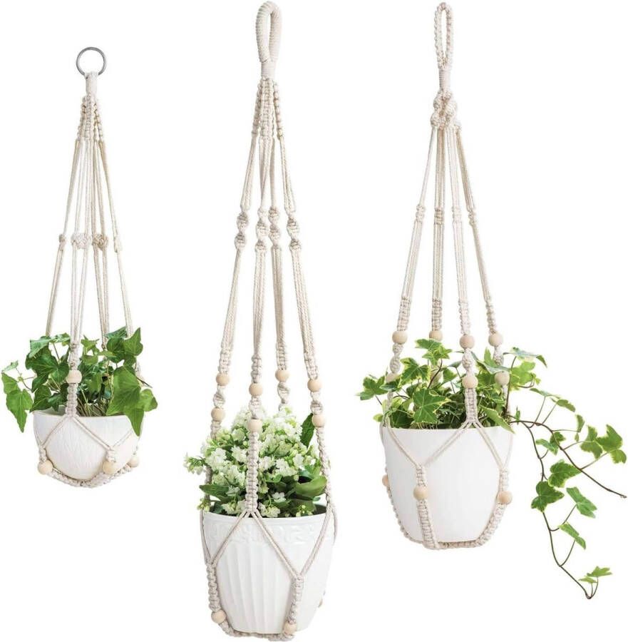 Set van 3 macramé plantenhangers voor binnen plantenmand hangende bloempothouder katoenen touw met parels zonder kwastjes 58 cm 73 cm 89 cm