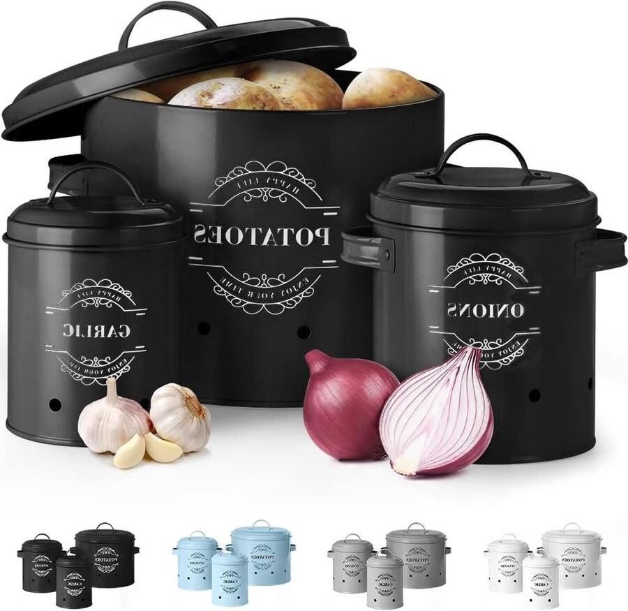 Set van 3 metalen knoflookpotten voor uien aardappelen en knoflook Voorraad- en opbergpotten met verluchting voor makkelijke bewaring Zwart Voorraadbussen