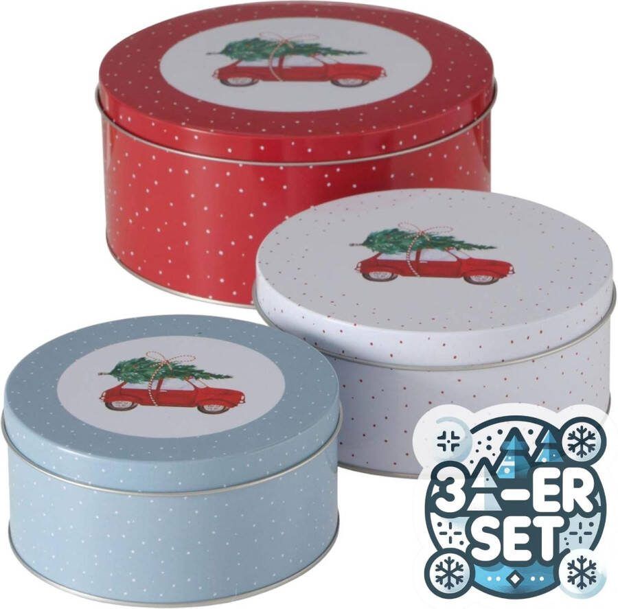 Set van 3 metalen koektrommels rond blauw rood witte auto met kerstboom assorti hoogte 6-9 cm