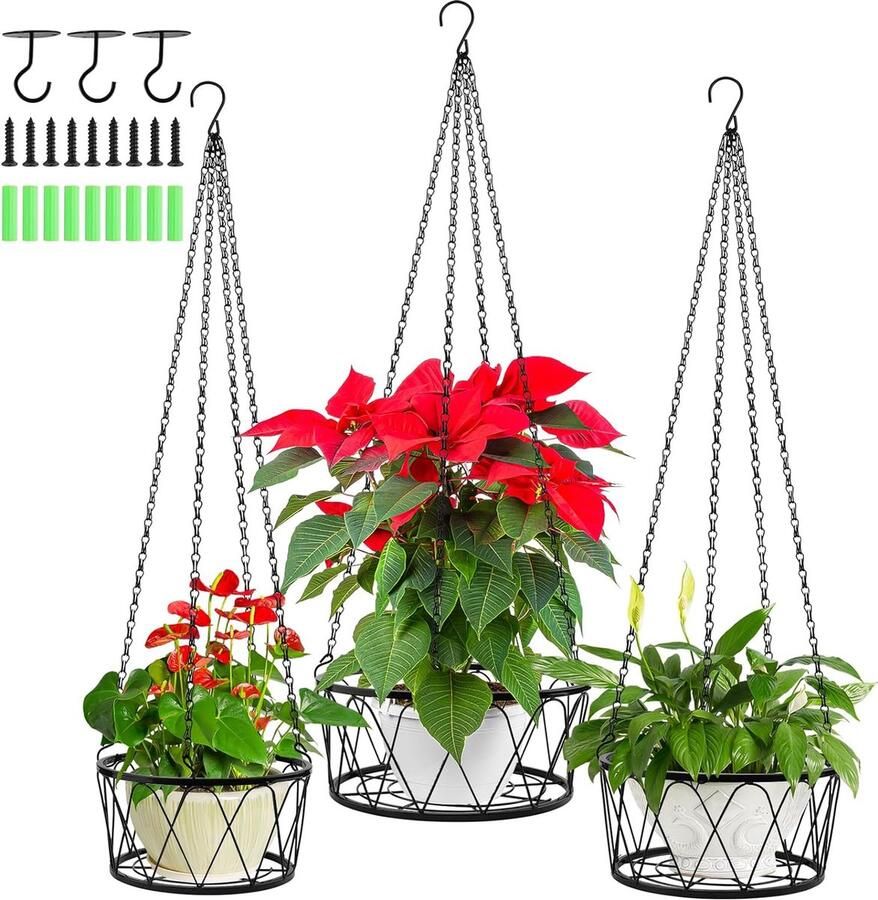 Set van 3 metalen plantenhangers hangende plantenplank moderne planten hangende mand plafondplantenhangersets zwart elegante glanzende hangende plantenhouder voor veranda balkon huis decoratief