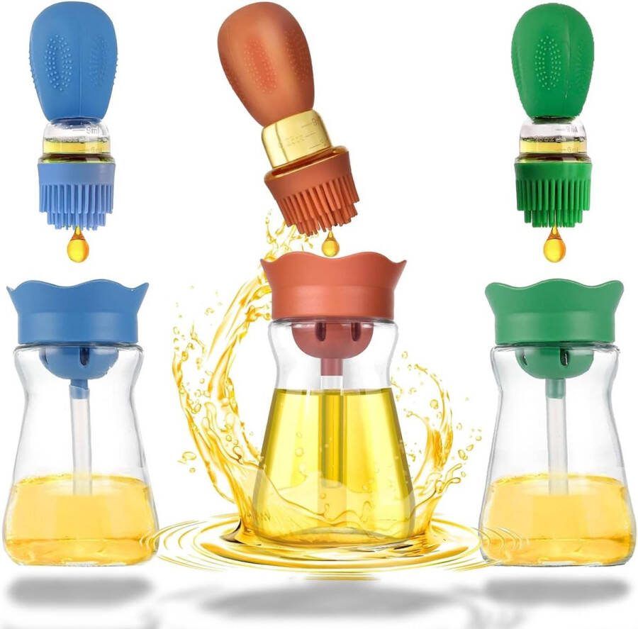 Set van 3 olieflessen met siliconenborstel 200 ml olijfoliefles lekvrij glas 2-in-1 siliconen gebaksborstel oliedispenser flexibele keukenborstel met siliconen borstelharen om te koken
