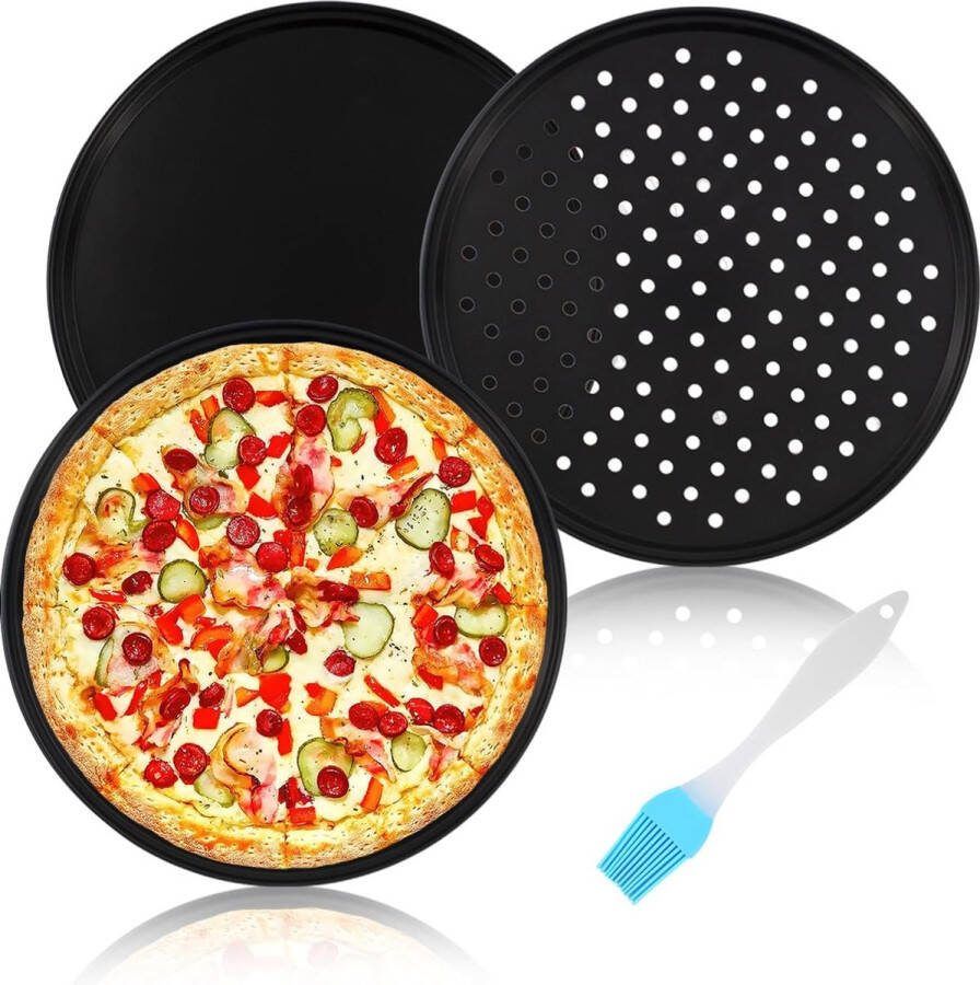 Set van 3 pizzaplaten rond 32 cm rond en geperforeerd antiaanbaklaag pizzaplaat met olieborstel koolstofstaal pizzapan voor bakken bakplaat voor het gezin keuken oven