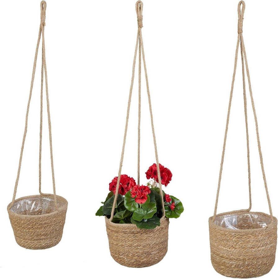 Set van 3 Plantenhangers Hangende Mand voor Bloemen en Hangplanten Hangpot met Folie 3 Groottes Geschikt voor Binnen Natuurlijke uitstraling