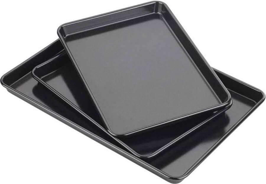 Set van 3 professionele bakplaten koolstofstaal Eclipse anti-aanbaklaag koken braden 345 x 244 cm en 2x 25 x 18 cm
