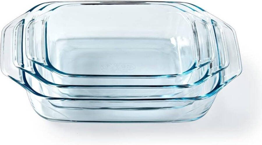 Set van 3 rechthoekige ovenschalen Ideaal voor 2 tot 6 personen Borosilicaatglas Grote handgrepen Extreme sterkte Made in France