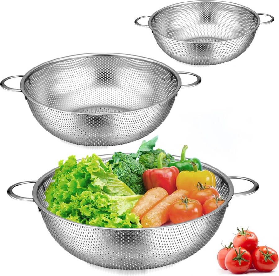 Set van 3 roestvrijstalen keukenzeefjes met handgrepen microgeperforeerd vergiet metalen keukenzeef voor afvoer en zeven van pasta rijst fruit groenten vaatwasmachinebestendig 16 cm 22 cm 28