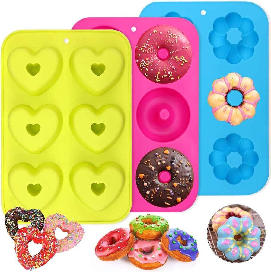 Set van 3 siliconen donutvormen donutbakvorm met 6 uitsparingen bakplaat met antiaanbaklaag 260°C hittebestendig voor cakes koekjes bagels muffins (rond bloemen en hart)