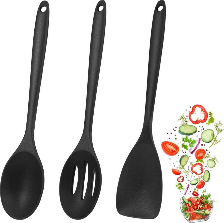 Set van 3 siliconen menglepels siliconen spatelset siliconen kooklepels 500 °F hittebestendige antiaanbaklaag BPA-vrij keukengerei voor koken bakken schepen roeren (zwart)