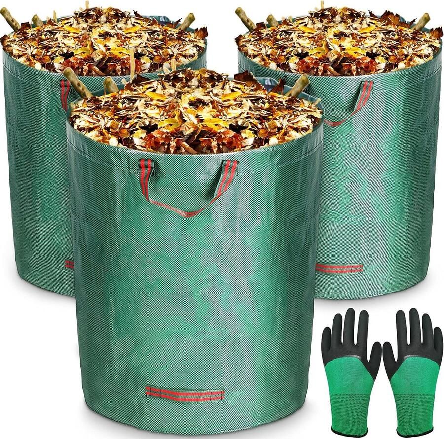 Set van 3 tuinzakken 300 liter tuinafvalzak van robuust waterdicht polypropyleen (PP) zelfstaand en opvouwbare figuurzakken afwasbaar incl. 1 paar tuinhandschoenen