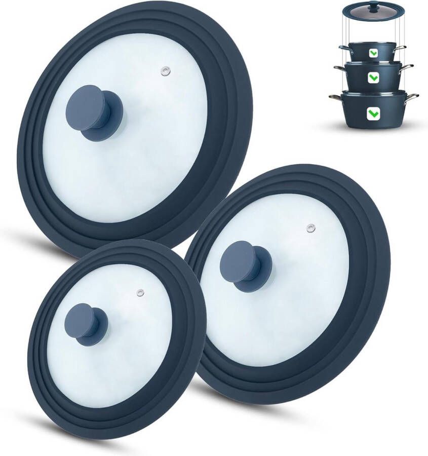 Set van 3 universele glazen deksels 3-delig potten en pannen 16-18-20 cm & 24-26-28 cm & 28-30-32 cm uitlaatventiel siliconen rand grijs
