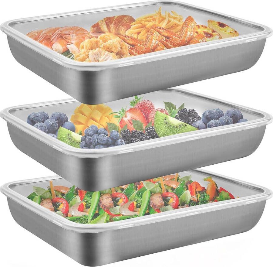 Set van 3 voedselbewaardozen voedselbewaarcontainers met deksel vriescontainers stapelbare roestvrijstalen dozen met afsluitbare deksels geschikt voor het bewaren van kaas vlees fruit