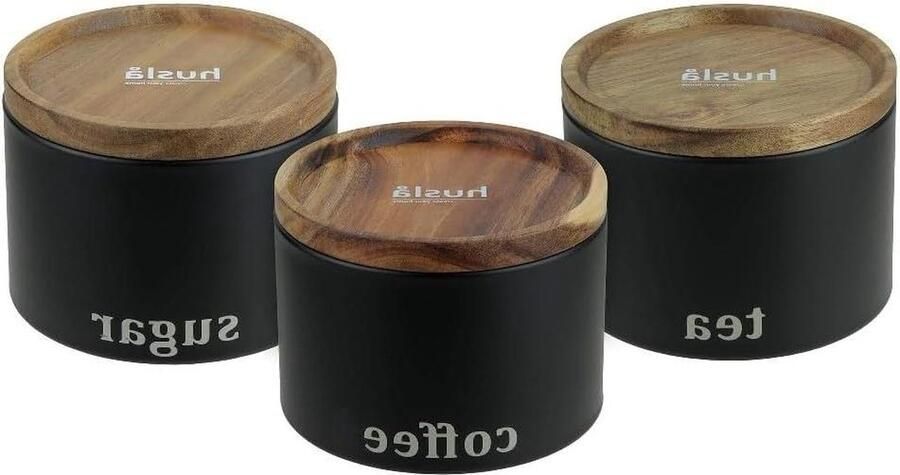 Set van 3 voedselcontainers zwart staal acaciahout opbergset voor keuken