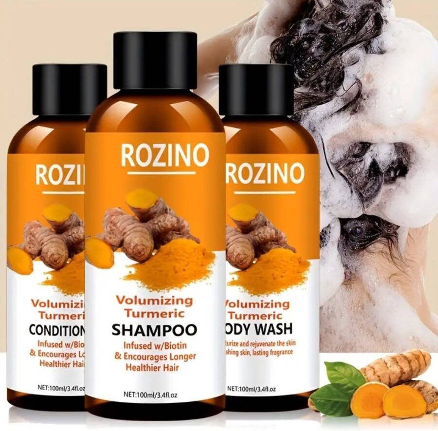 Set van 3 zeer effectieve Kurkuma shampoo conditioner en wasgel set.Wasset Bevat Natuurlijke Kurkuma en ingredienten zonder chemische stoffen