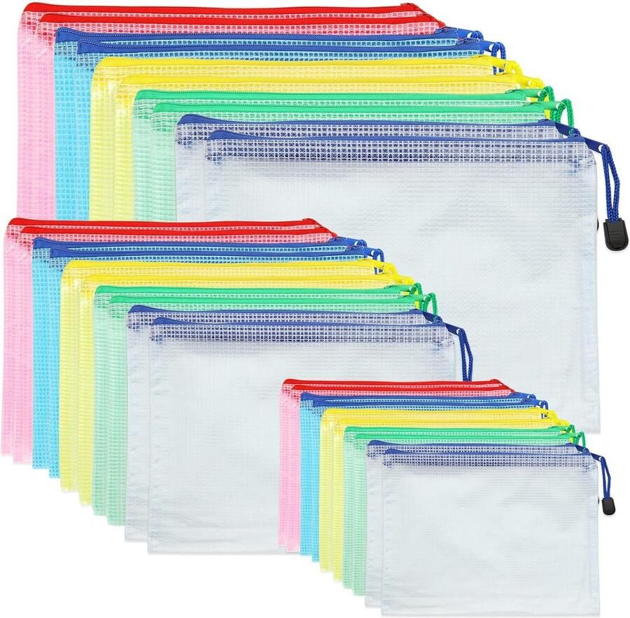 Set van 30 documentenmapjes A4 + A5 + A6 mesh plastic documentenmap met ritssluiting waterdichte zakken met ritssluiting voor documenten ontvangstbewijs papier briefpapier