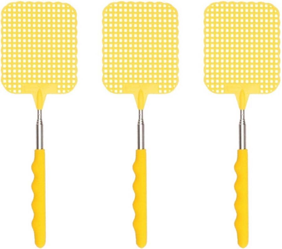 Set van 3x stuks uitschuifbare vliegenmeppers geel 66 cm XL vliegenmeppers Ongediertebestrijding