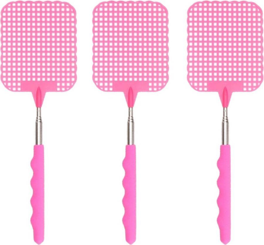 Set van 3x stuks uitschuifbare vliegenmeppers roze 66 cm Xl vliegenmeppers Ongediertebestrijding