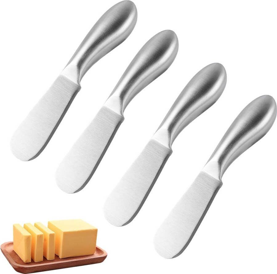 Set van 4 botermessen kleine kaasmessen roestvrijstalen broodmessenset klein broodmes jammes en boterkaasspatel voor room en kaas (13 5 cm zilver)