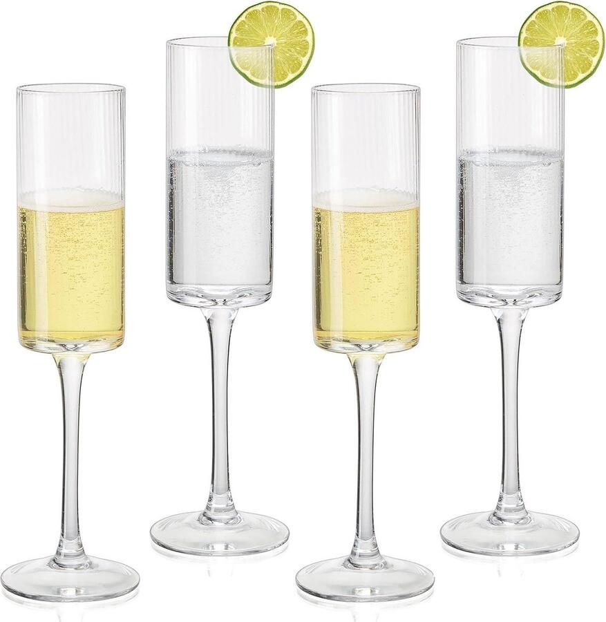 Set van 4 Cilinder Kristal Champagnefluiten Vintage Drinkglazen Geribbelde Wijnglazen Cocktailglas Prosecco Glas voor Bruiloft en Verjaardagviering