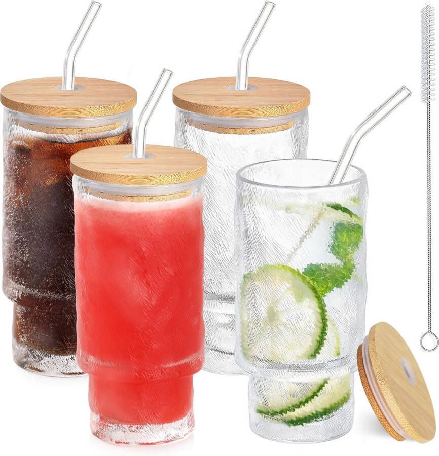 Set van 4 cocktailglazen 350 ml met deksel ijskoffieglazen met 4 rietjes 1 borstel voor water cocktails sap transparant