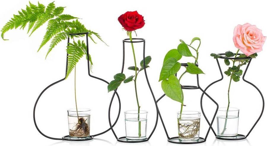Set van 4 creatieve bloempotten voor op het bureau met glazen bekers vazen en metalen standaard van ijzer voor waterplanten bloemstukken decoratie (4 stuks)