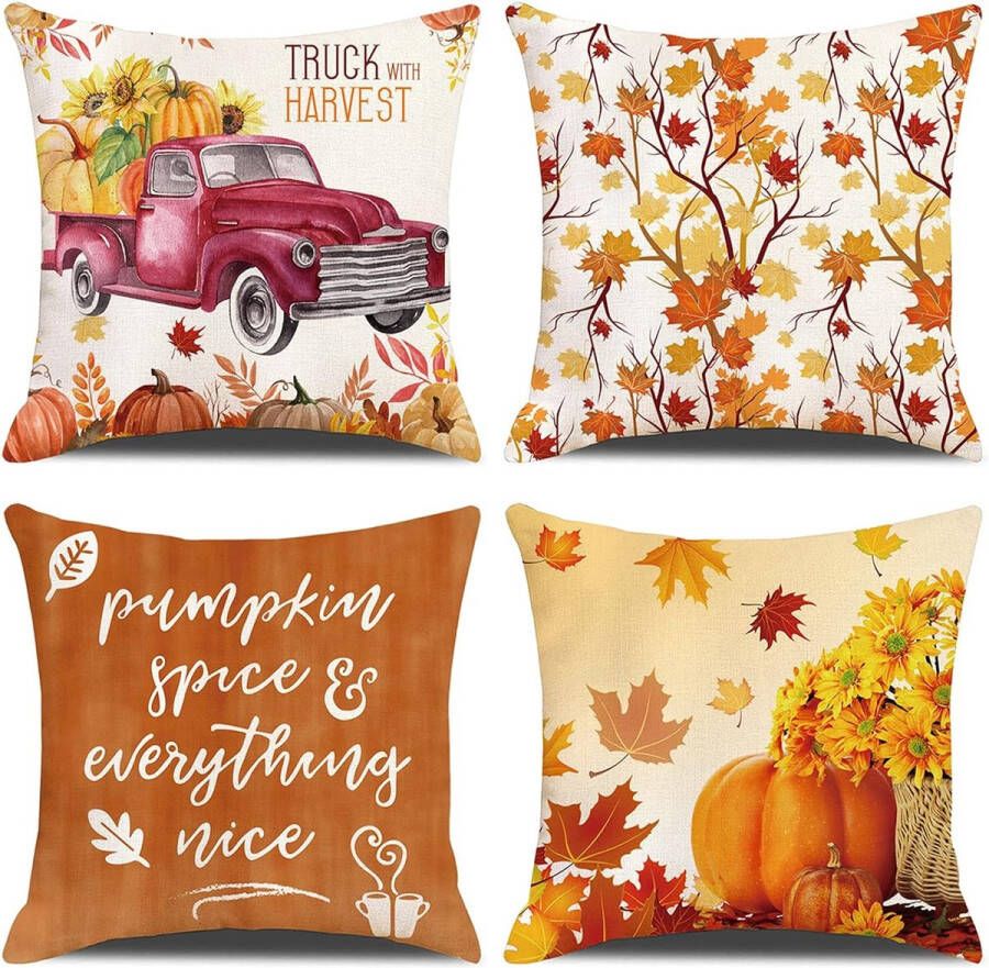 Set van 4 decoratieve kussenhoezen katoenen linnen kussenhoezen patroon van een herfstige pompoen truck decoratief kussen sofa kussen voor bank auto slaapkamer 45 x 45 cm